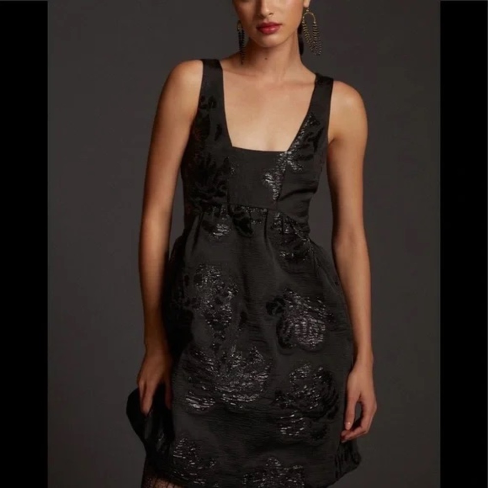 Anthropologie Maeve Jacquard Black Embellished Sheath Mini Dress